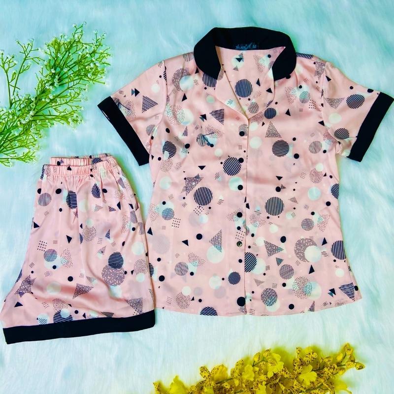 Đồ bộ pijama lụa, đồ mặc nhà nữ Vilady - B137  kiểu đồ bộ ngắn họa tiết hình học siêu dễ thương, chất liêu lụa Pháp ( lụa latin) cao cấp - Màu hồng
