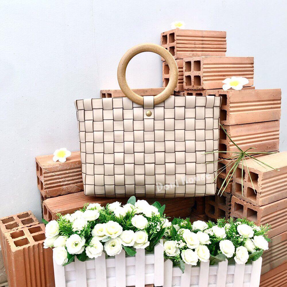 Túi Giỏ Xách Đan Tay Quai Gỗ Lớn Nhiều Màu Hàng Xuất Khẩu Thủ Công Sang Chảnh Đi Chơi Đi Biển Chụp Hình
