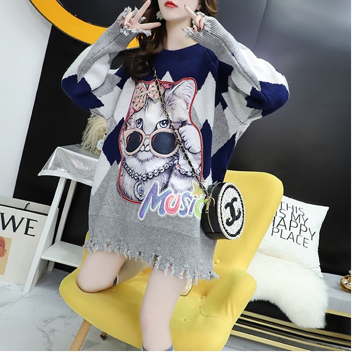 Áo len rách phom dài rộng họa tiết mèo lai rách cá tính - DL45305 - Hàng Quảng Châu cao cấp