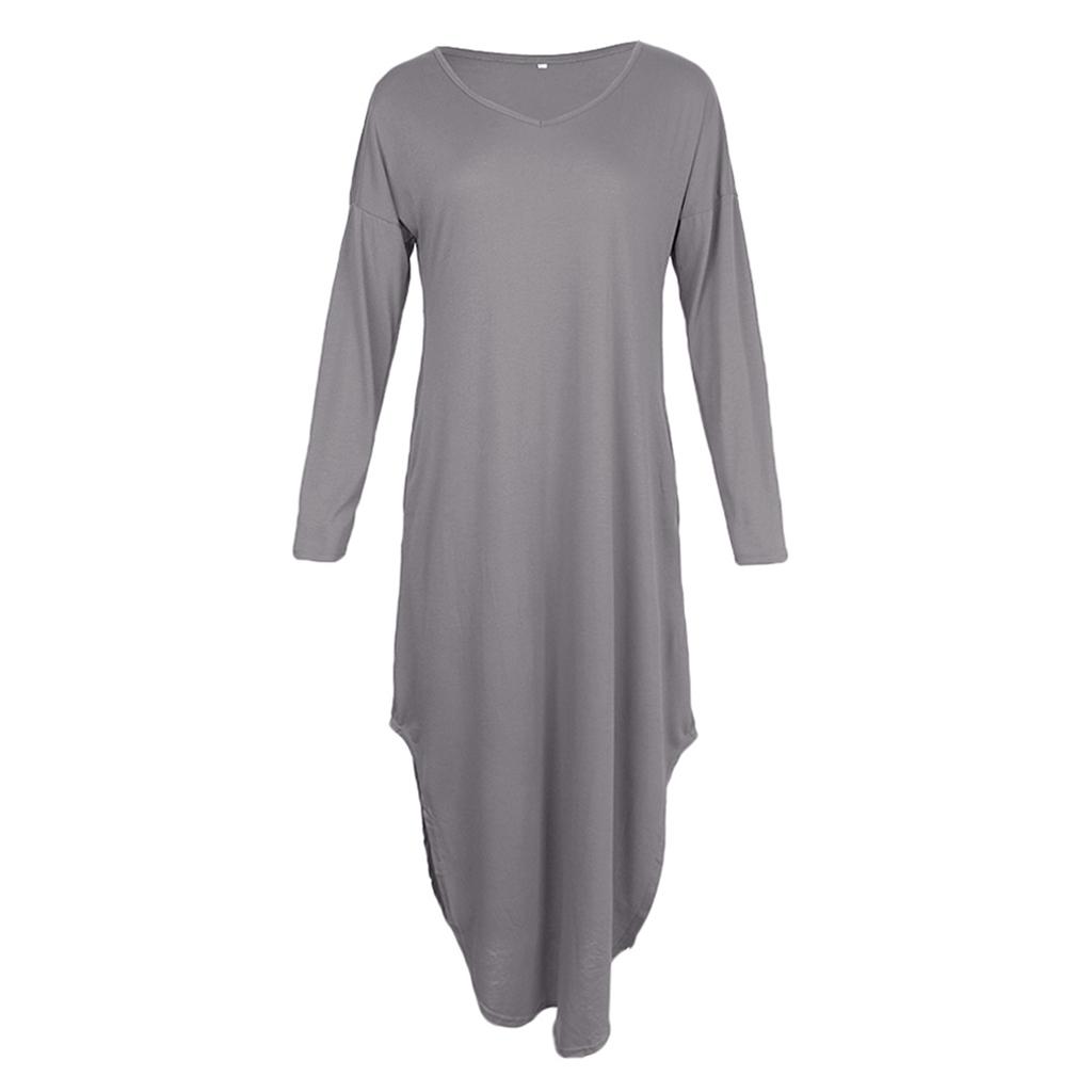 Women's V Neck Long Sleeve Side Pocket Split Beach Loose Long Maxi Dress