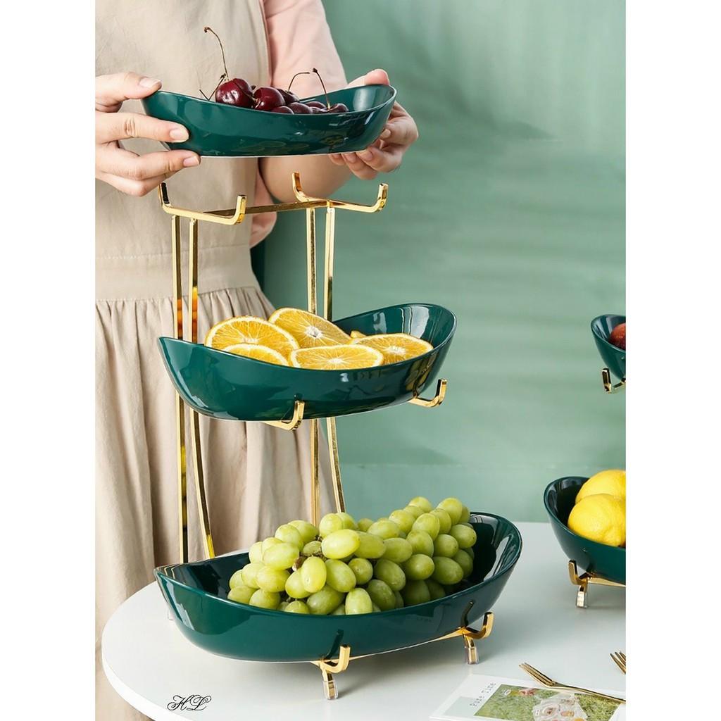 KHAY SỨ ĐỰNG BÁNH KẸO HOA QUẢ 3 TẦNG KHUNG KIM LOẠI MẠ VÀNG - XANH