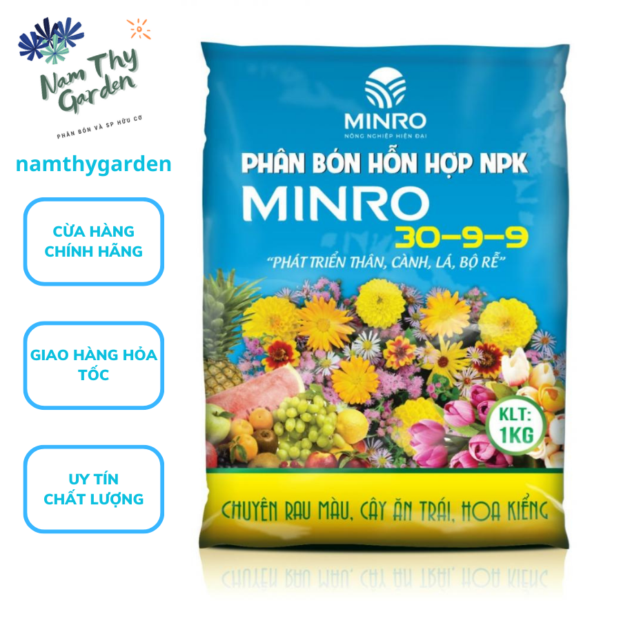 Phân Bón hỗn hợp NPK MINRO 30-9-9 Túi 1kg, Phát Triển Thân, Lá, Cành, Bộ Rễ. Sản phẩm toàn diện cho cây kiểng Gói 1kg