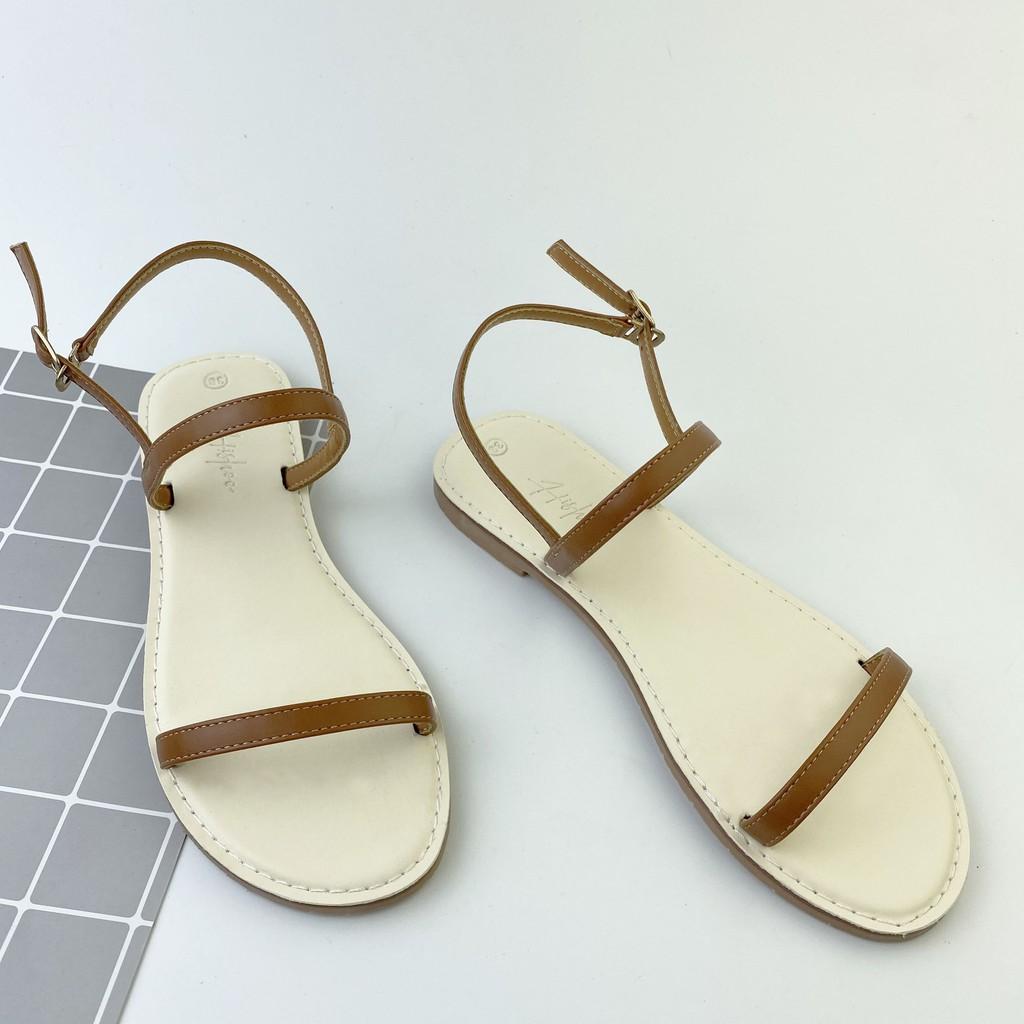 Giày sandal đế bệt HISHOO mũi tròn phối dây mảnh 1 cm có bigsize S005