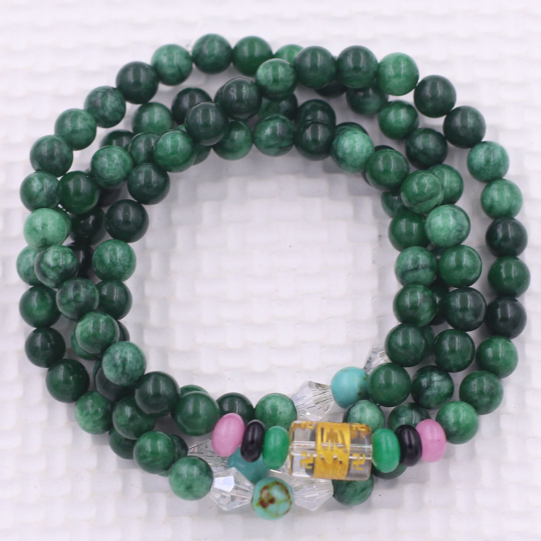 Vòng chuỗi 108 hạt đá cẩm thạch sơn thủy charm lục tự chân ngôn - hạt 8 ly , vòng chuỗi niệm Phật, vòng chuỗi đeo tay