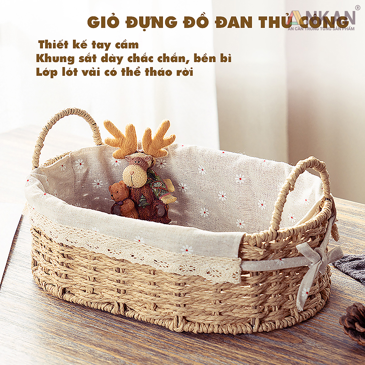 Giỏ Đựng Đồ Ăn Vặt Có Quai Hình Bầu Dục Lót Vải Hoa – Sợi Giấy Cán Mỏng Nhẹ Bền, Dễ Vệ Sinh