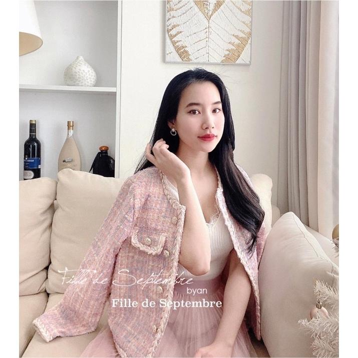 Áo khoác dạ tweed hồng khuy hoa hàng qc