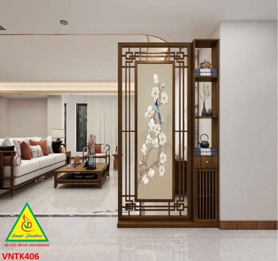 Vách ngăn phòng khách, vách ngăn tủ kệ bằng gỗm bình phong tranh VNTK406- NỘI THẤT LẮP RÁP VIENDONGADV