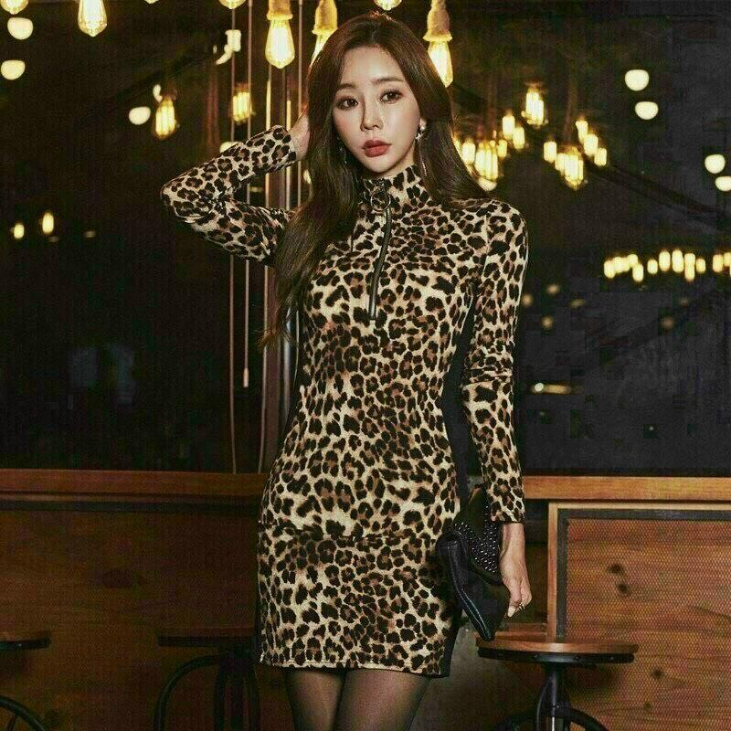 Đầm Ôm Da Beo Tay Dài Cổ Trụ