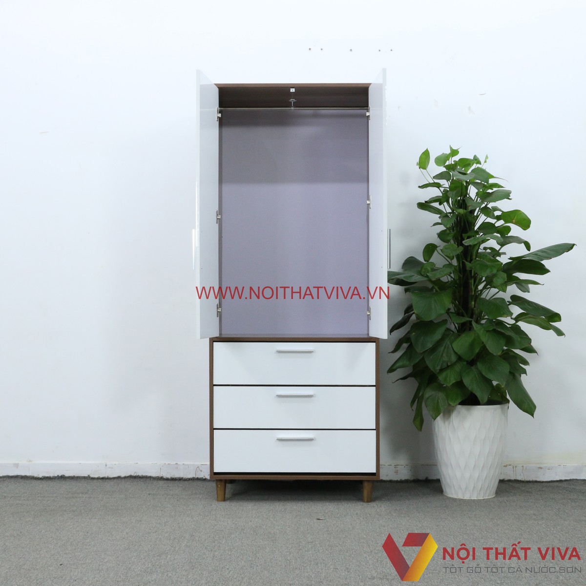 Tủ Mini Đựng Quần Áo Gỗ MDF Có Chân Màu Óc Chó Phối Trắng Đẹp Giá Rẻ