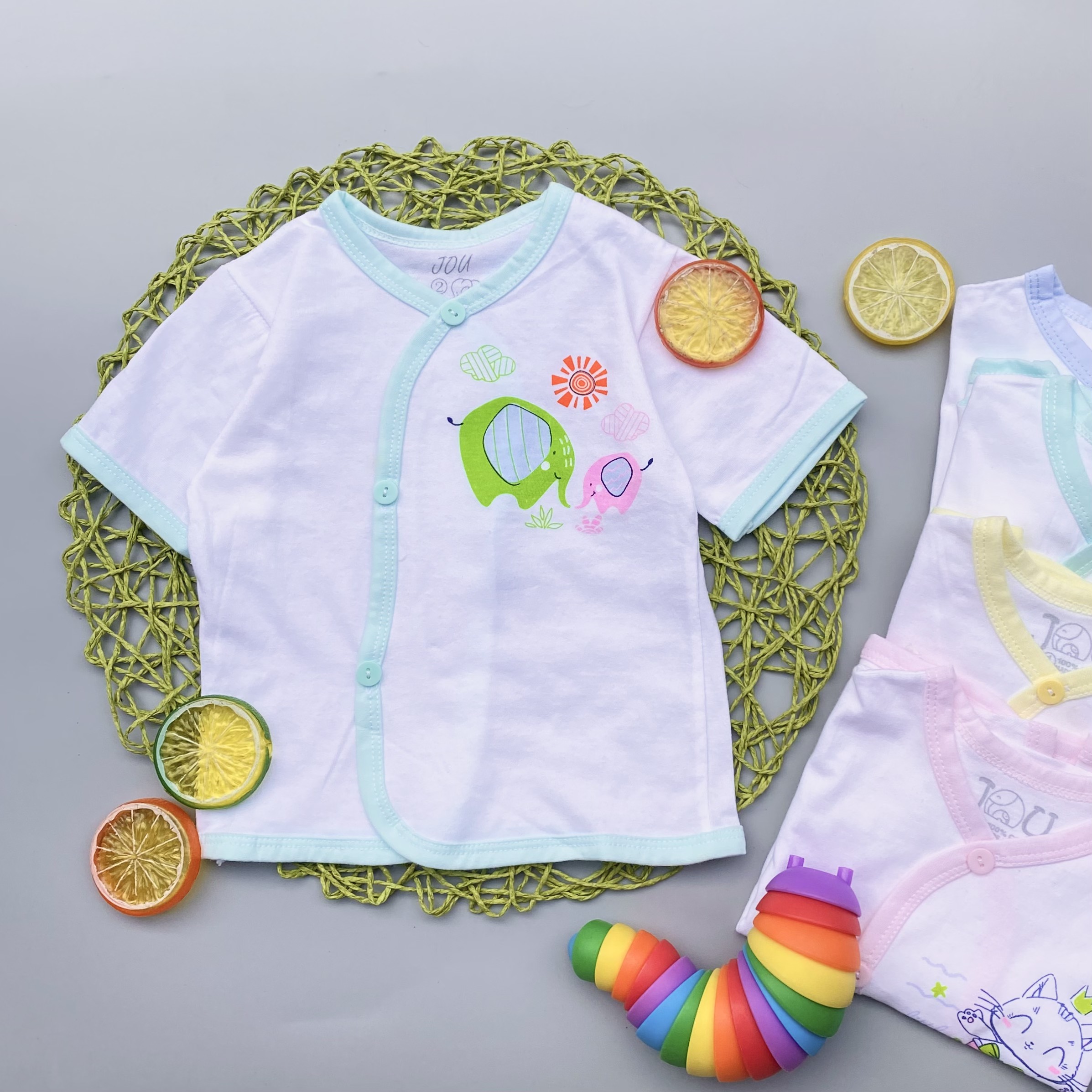 (J04TN) ÁO CÀI XÉO TAY NGẮN TRẮNG VIỀN CHO BÉ 3-11kg - JOU - Viền Xanh Ngọc