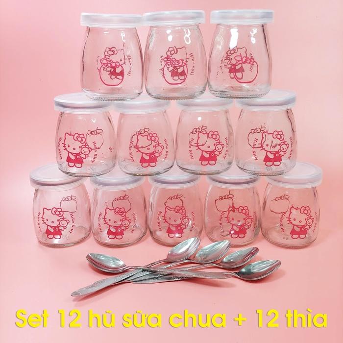 COMBO 12 hũ sữa chua thủy tinh + 12 thìa inox cán hoa loại đẹp