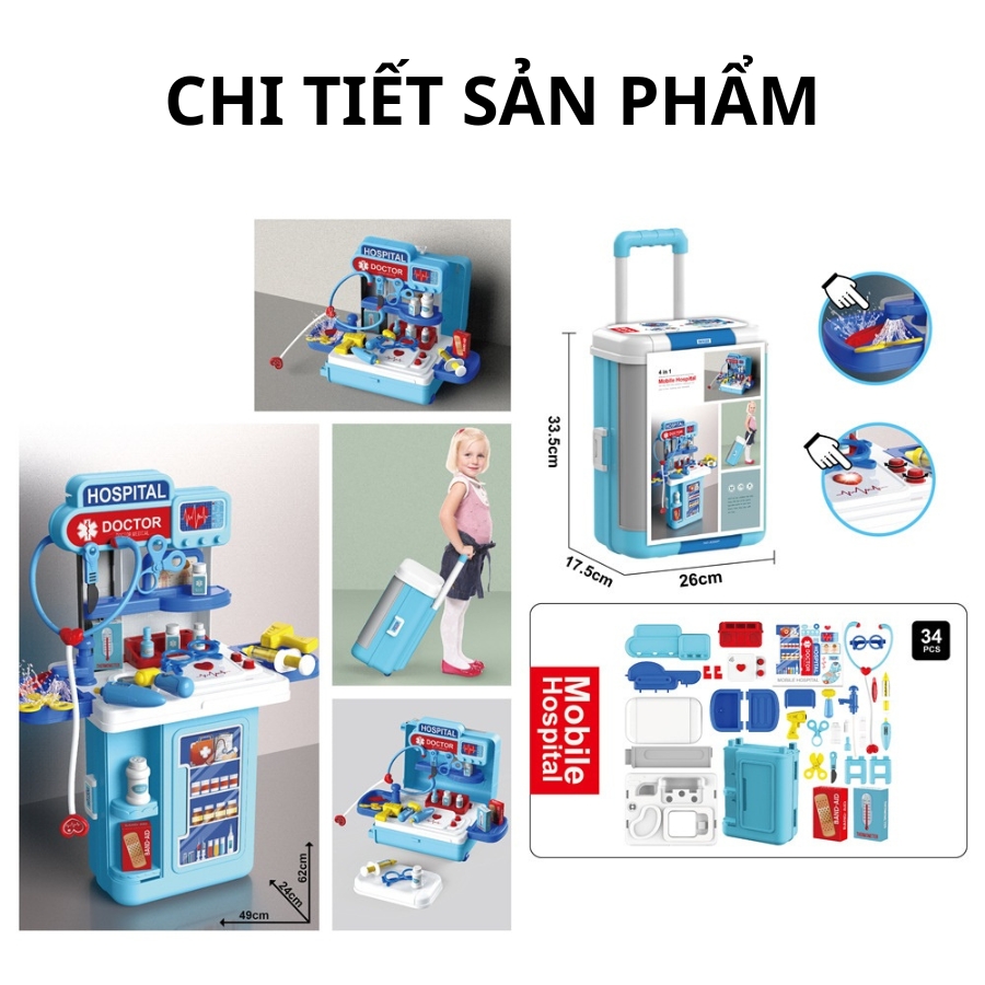 Đồ chơi bác sĩ hình dáng vali 4in1 chơi nhiều kiểu cho bé nhập vai khám chữa bệnh, quà tặng sinh nhật cho bé