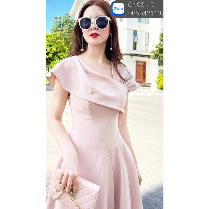 Đầm Thiết Kế Ginny Dress Lệch Vai Kèm Tag Cài - Váy Thiết Kế Cao Cấp Màu Be