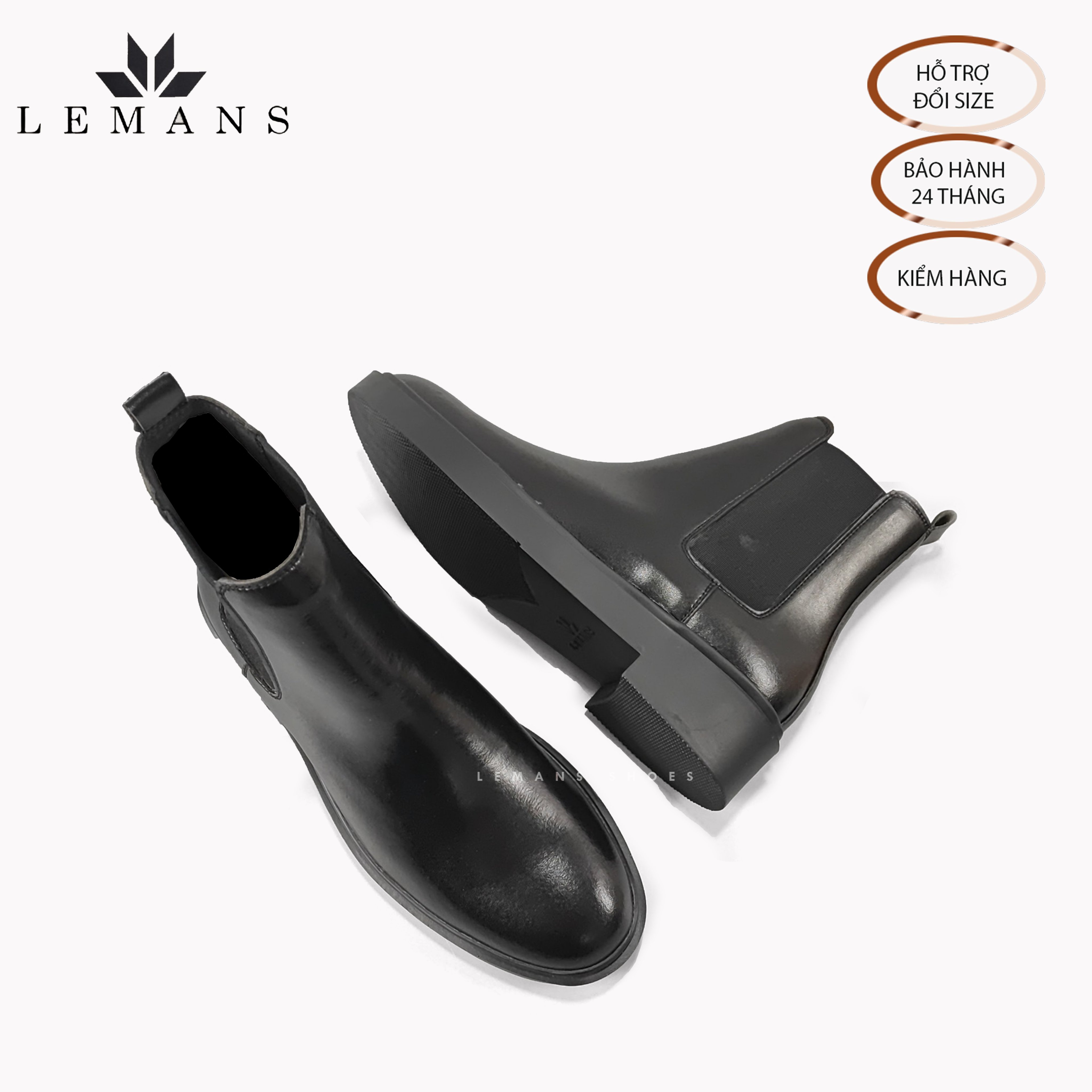 Giày da bò Chelsea Boots Black LEMANS CB66, đế lemans cao 4cm, boot nam chelsea boot nam, bảo hành 24 tháng