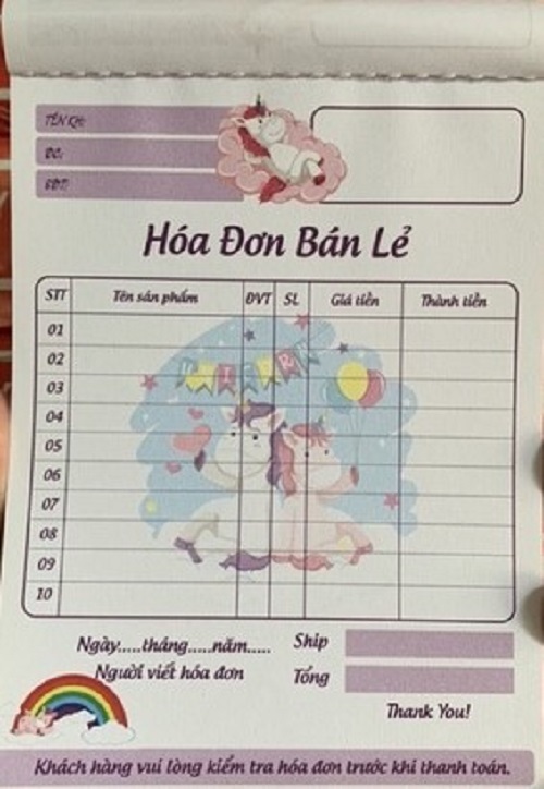 Hoá đơn bán lẻ giấy photo định lượng 70/ 1 liên hình cute 1c/100t 10.2x14.5cm