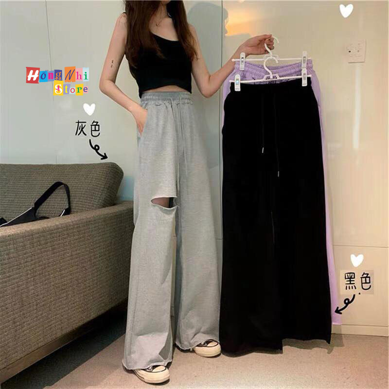 Quần Ống Rộng Rách Gối Màu Xám- Quần Ống Rộng Lưng Thun Rách Gối Unisex - MM