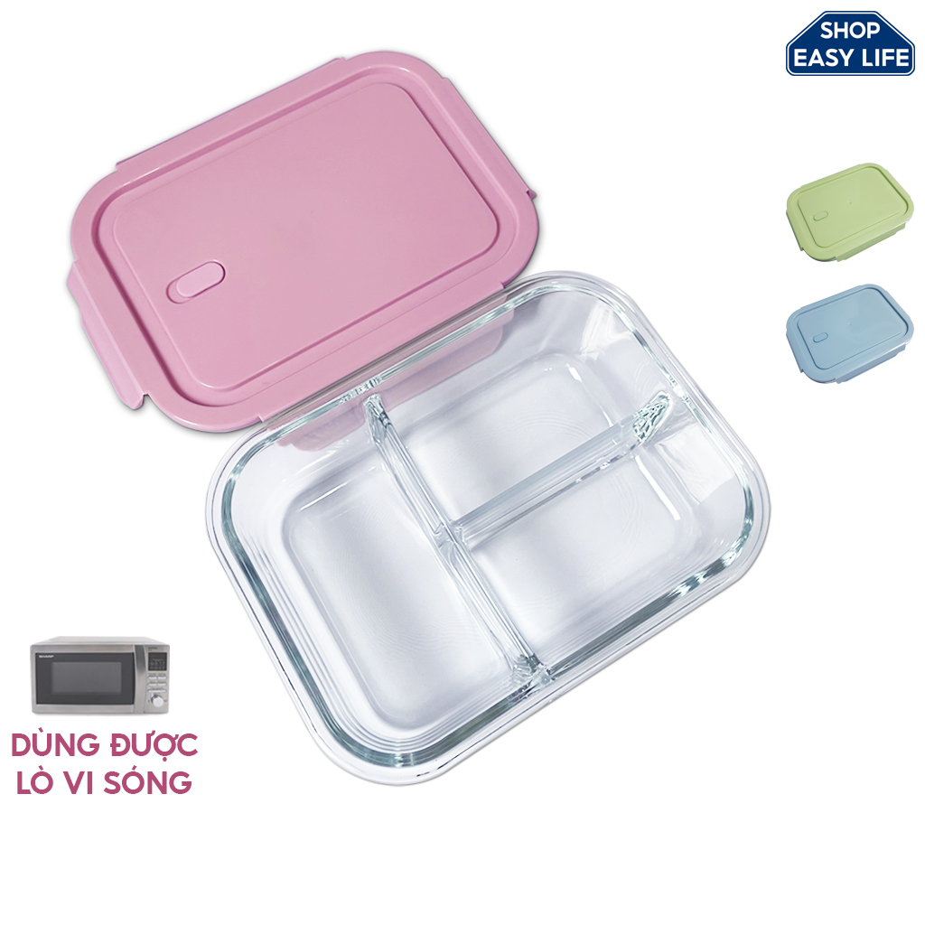 Hộp cơm văn phòng 3 ngăn bằng thủy tinh chịu nhiệt Borosilicate - Dùng được trong lò vi sóng