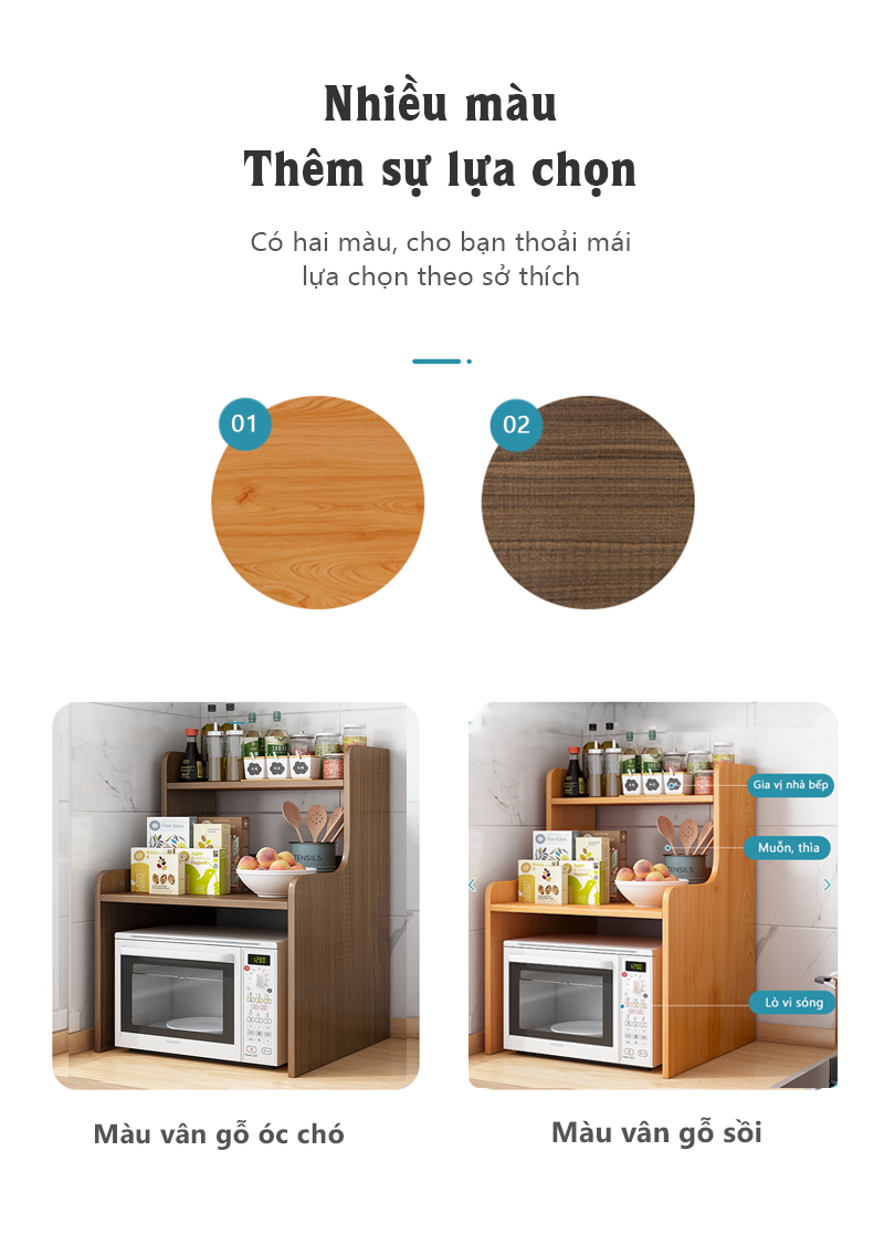 Kệ lò vi sóng 2 tầng kết hợp kệ gia vị chất liệu gỗ chống nước chống bám bẩn - GP186