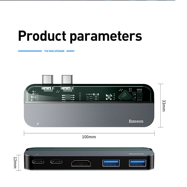 Hub sạc nhanh 5 in 1 chia cổng đa năng 2 cổng PD Type-C dành cho Macbook Pro / Macbook Air hiệu Baseus Tranparents Series thành 2 cổng Type-C PD 3.0, 2 cổng USB 3.0, cổng HDMI chuẩn 4k - Hàng nhập khẩu