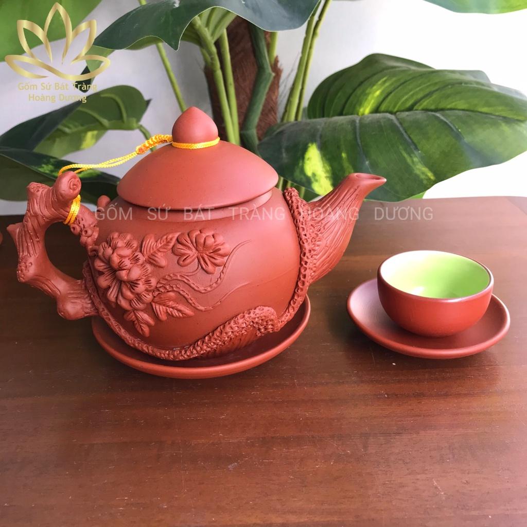 ẤM pha trà tử sa Bát Tràng cao cấp hoạ tiết Hoa phù dung đỏ 400ml