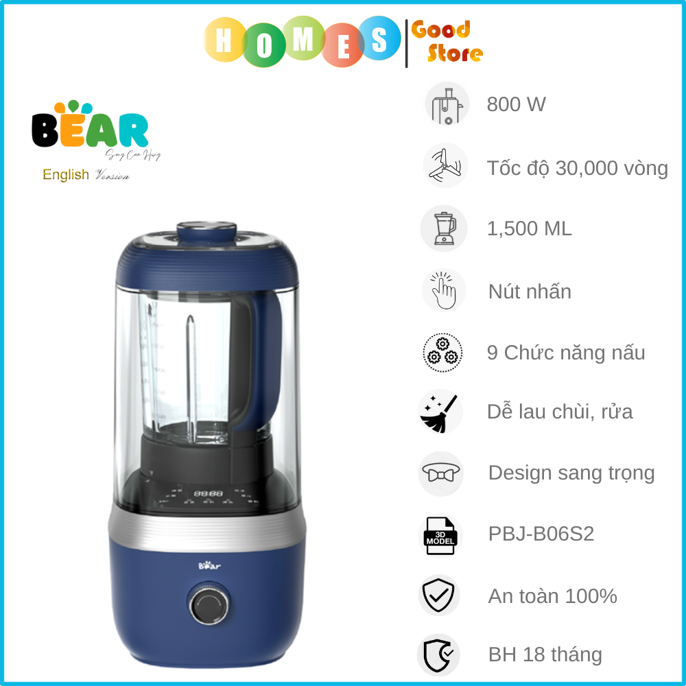 Máy Làm Sữa Hạt Cách Âm, Máy Xay Sữa Hạt BEAR PBJ-B06S2 9 Chức Năng Nấu Xay, Dung Tích 1.5 Lít Công Suất 800 W - Hàng Chính Hãng