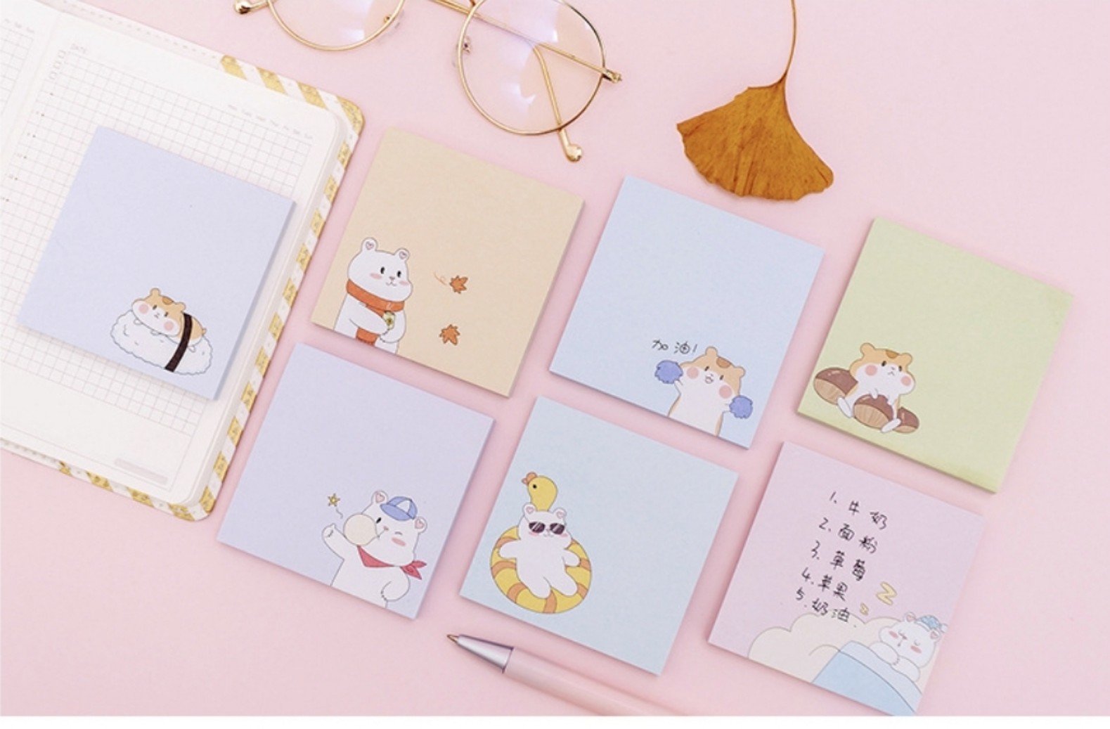 Giấy Note Vuông Ghi Chú Cute Tập 80 Tờ Họa Tiết Chuột Hamster Gấu Trắng Dễ Thương Kích Thước 7.2x7.2cm Có Keo