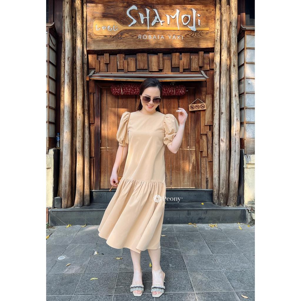 Váy A suông thoải mái, vai bồng rút tiểu thư, cổ tròn, tông be siêu nịnh da, kèm đai rời Peony - LAURIEL DRESS