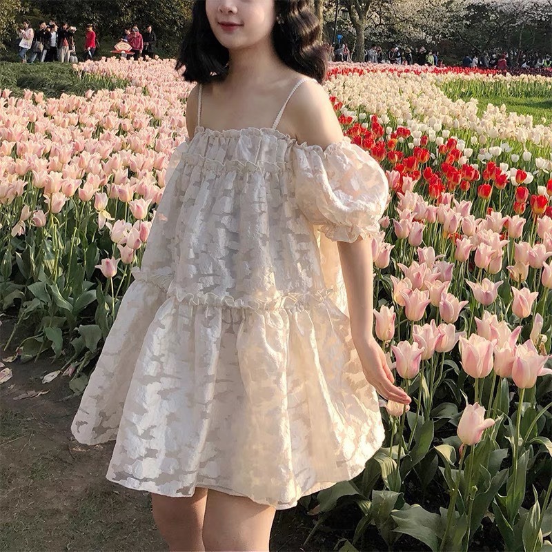 Đầm babydoll 2 dây rớt vai hoa nổi tay bồng Cao Cấp hàng loại 1, màu trắng Ulzzang ren mây dáng xòe, cute dễ thương