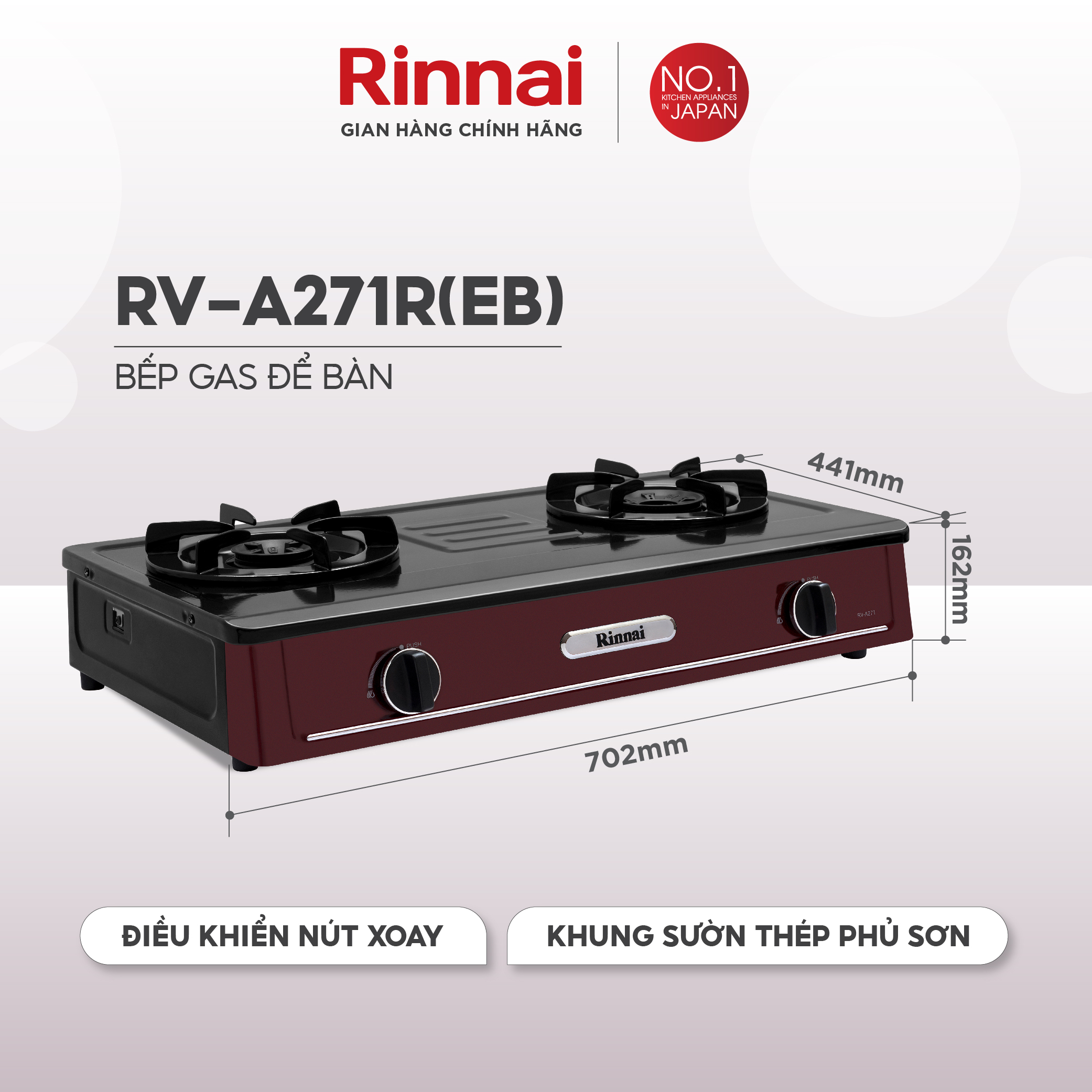 Bếp gas dương Rinnai RV-A271R(EB) mặt bếp men và kiềng bếp men - Hàng chính hãng.