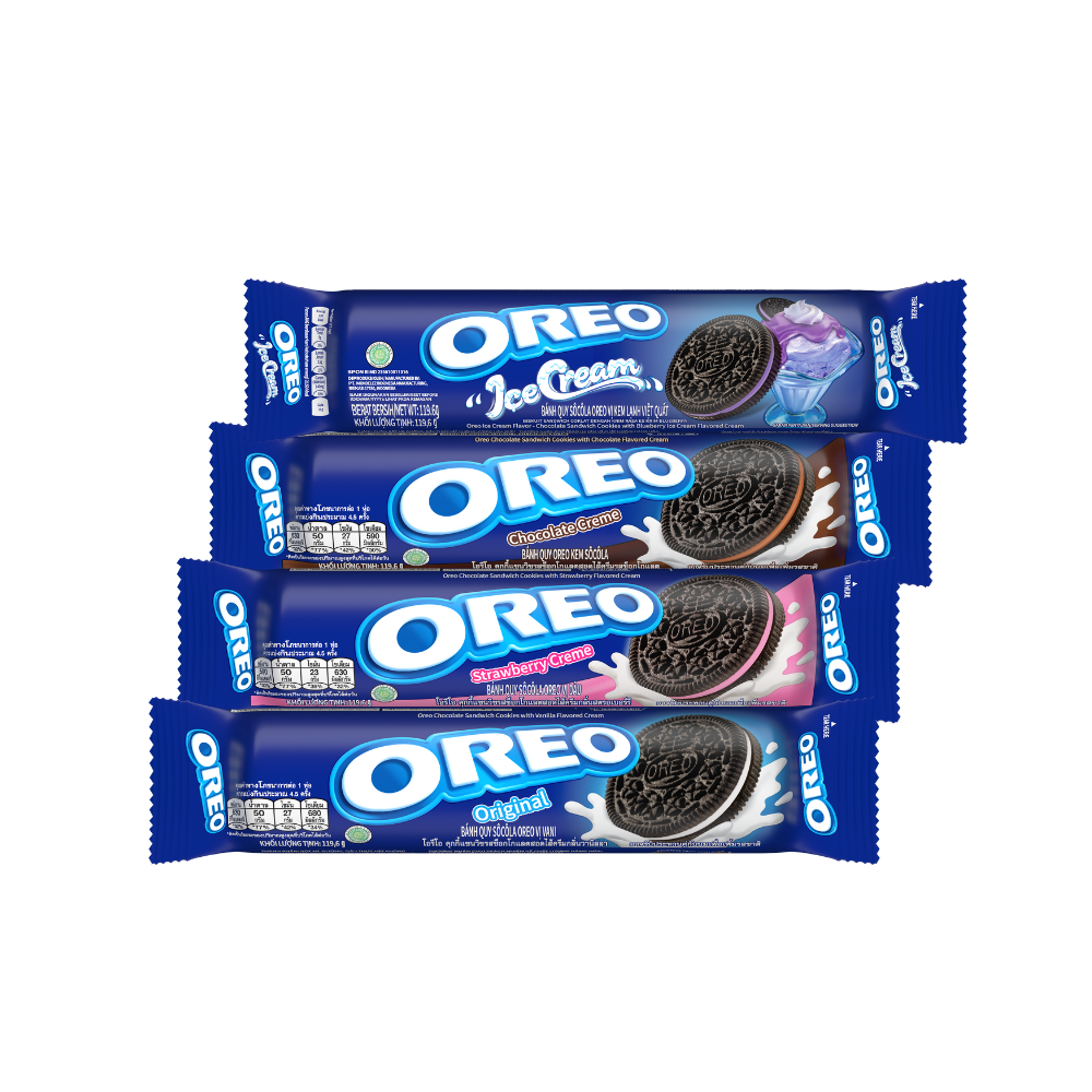 Combo 4 thanh bánh quy Oreo vị vani, choco, kem lạnh việt quất và dâu, 119.6g x 4