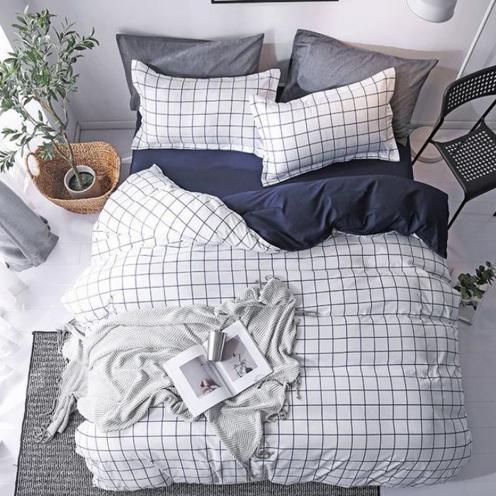 Bộ chăn ga gối Cotton cao cấp 1m6x2m ô trắng THC020
