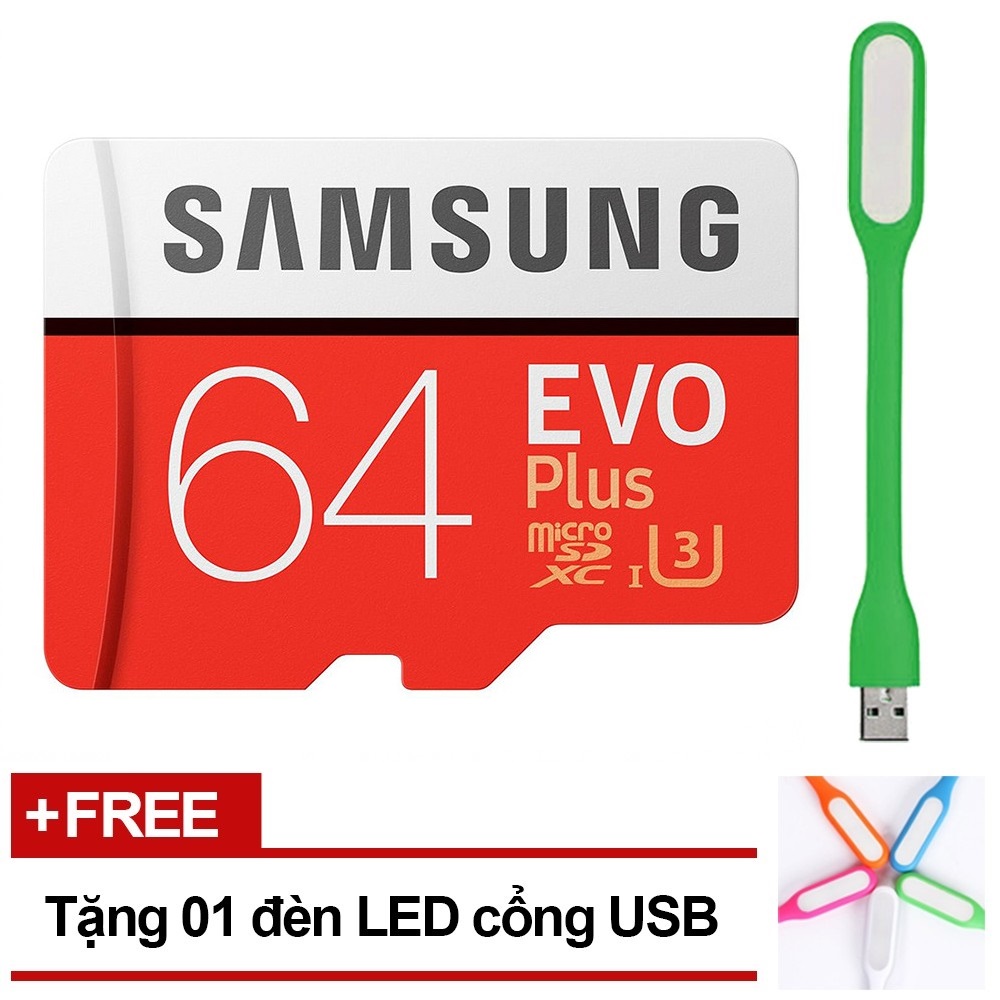 Thẻ Nhớ Micro SD Samsung Evo Plus 64GB U3 Class 10 - 100MB/s (Kèm Adapter) - Hàng Chính Hãng + Tặng Đèn Led