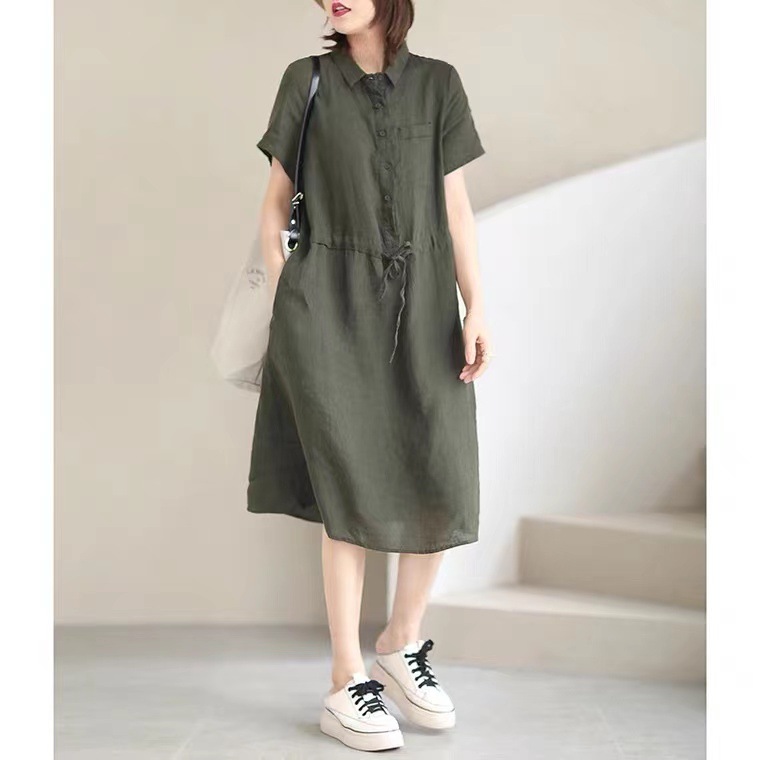 Đầm sơ mi nữ form suông ngắn tay, Đầm đũi nữ cổ sơ mi kèm dây thắt eo màu rêu Da75