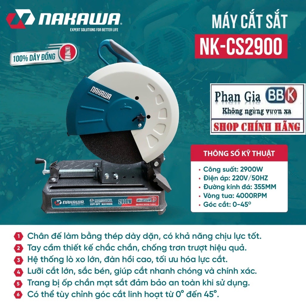 Máy Cắt Sắt 355MM NAKAWA 2900W - NK-CS2900 Dòng Công Nghiệp, Mô tơ 100% dây đồng, Bảo hành 1 năm