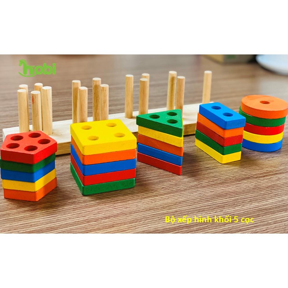 Đồ chơi gỗ montessori 5 cọc hình khối