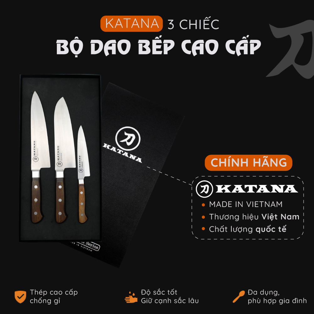 Bộ dao làm bếp cao cấp KATANA Essential 3 chiếc (dao thái thịt cá - dao đa năng - dao gọt hoa quả) - Bộ dao KATANA cán gỗ, thép chống gỉ độ cứng 59HRC