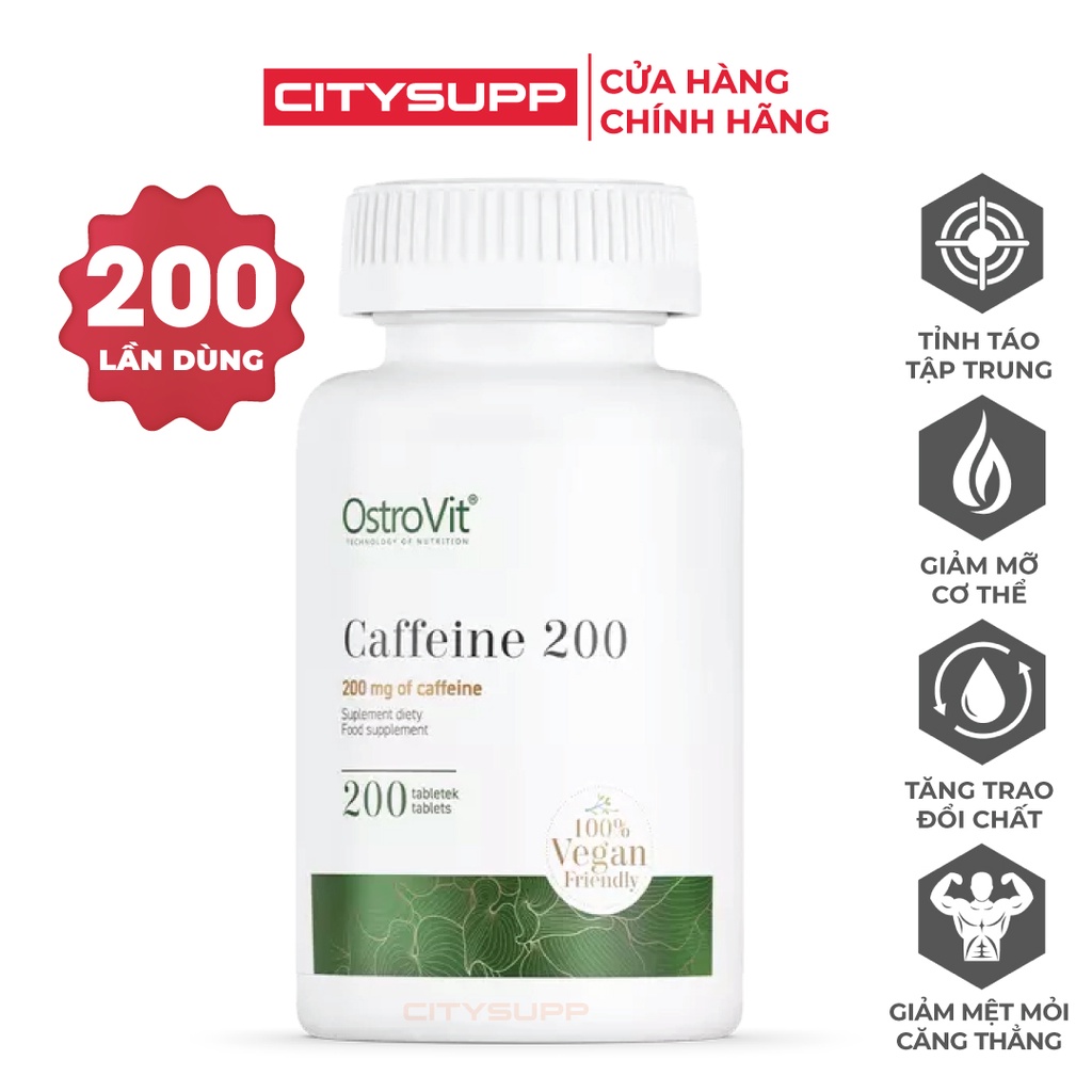 Viên Uống Bổ Sung Năng Lượng Ostrovit Caffeine (200 Viên) Hỗ Trợ Tỉnh Táo, Tăng Cường Tập Trung và Hiệu Suất | Nhập Khẩu Ba Lan