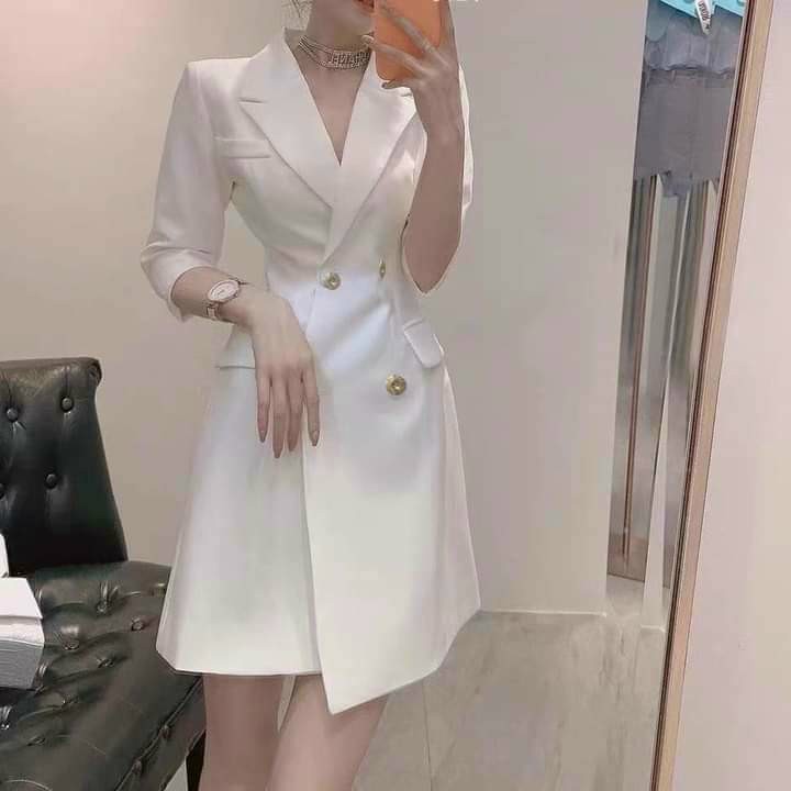 Đầm Vest Nữ Thiết Kế Tay Lỡ Đính Nút Form Tôn Dáng, Chất Vải Cotton Co Giãn Có Lót Trong Hanaki HNK334