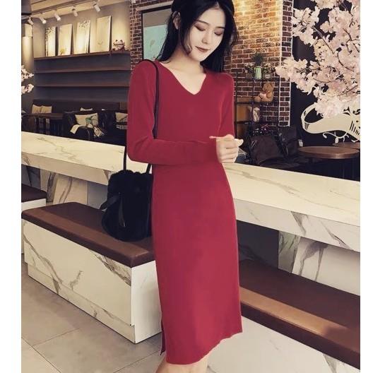 Váy suông nữ cổ V dáng dài xẻ tà 3 màu hot hit