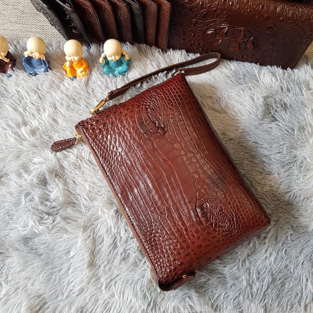 Ví Cầm Tay Cá Sấu | Ví Clutch Da Cá Sấu Da Bụng | Màu Nâu Cafe | Bảo Hành 24 Tháng.