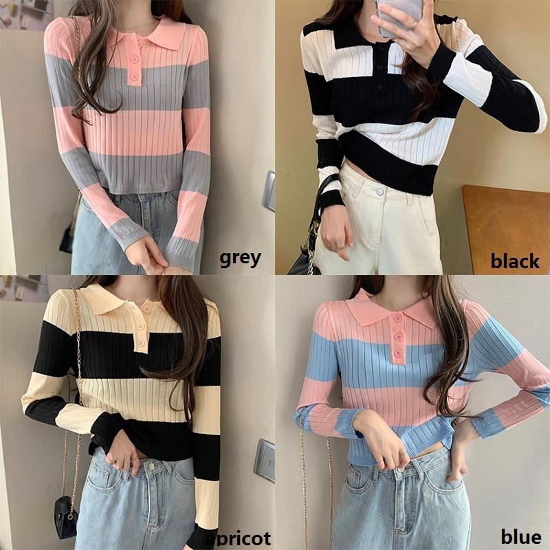 Áo Sweater Dệt Kim Tay Dài Phối Màu Tương Phản Dễ Phối Đồ Cho Nữ