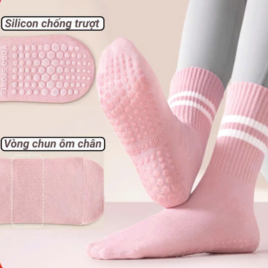 Tất / Vớ Chân Cao Cổ Nữ 15,9K Freesize Tập Yoga Pilates Len Co Giãn Đính Hạt Silicon Chống Trơn Trượt (Cao Cổ Kẻ Sọc)