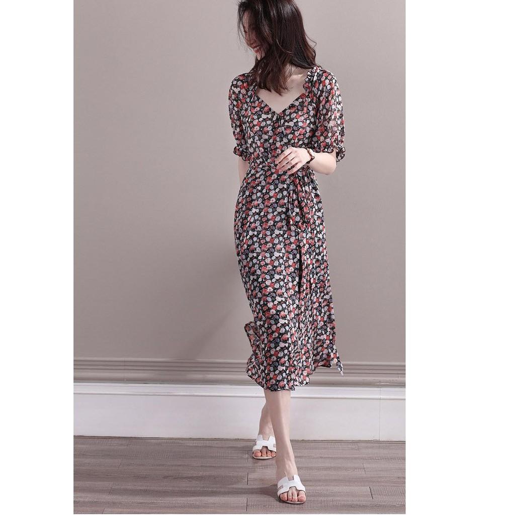 Đầm dự tiệc dáng dài midi hoa nhí tay lửng nhún bèo cột nơ ELIA DRESS