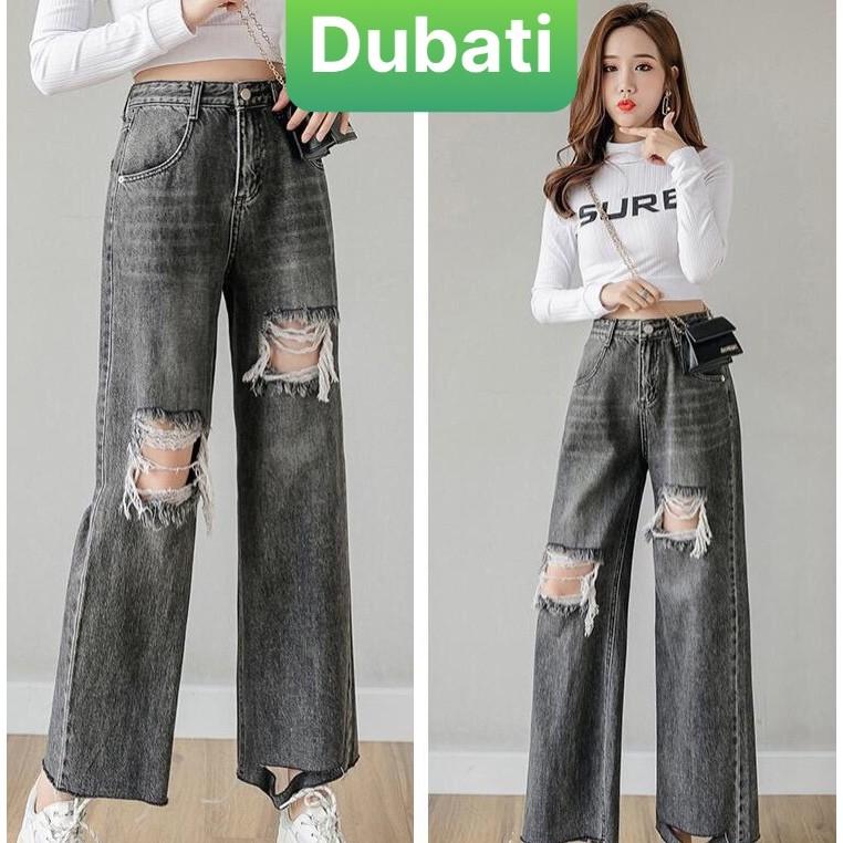 QUẦN BAGGY JEAN NỮ CẠP RÁCH ỐNG RỘNG LOE LƯNG CAO NÂNG MÔNG CAO CẤP XÁM TRO 102 - DUBATI FASHION