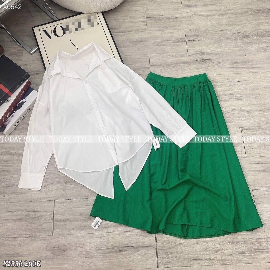 SET CHÂN VÁY DÀI SUÔNG TRƠN XẾP LY + ÁO SƠ MI TRƠN TAY DÀI DẠO PHỐ DỰ TIỆC GIÁNG SINH NOEL