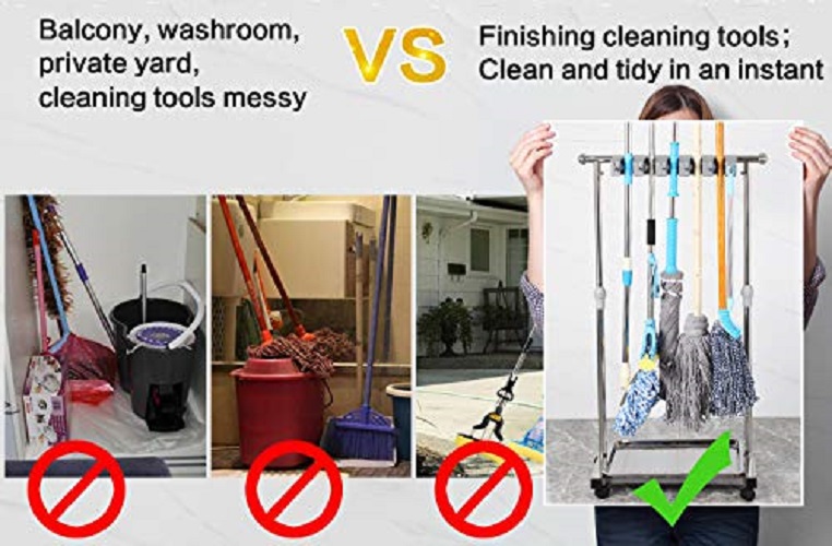 Giá Treo Cây Lau Nhà Để Ráo Nước Inox Cao Cấp Cleaner có bánh xe di chuyển