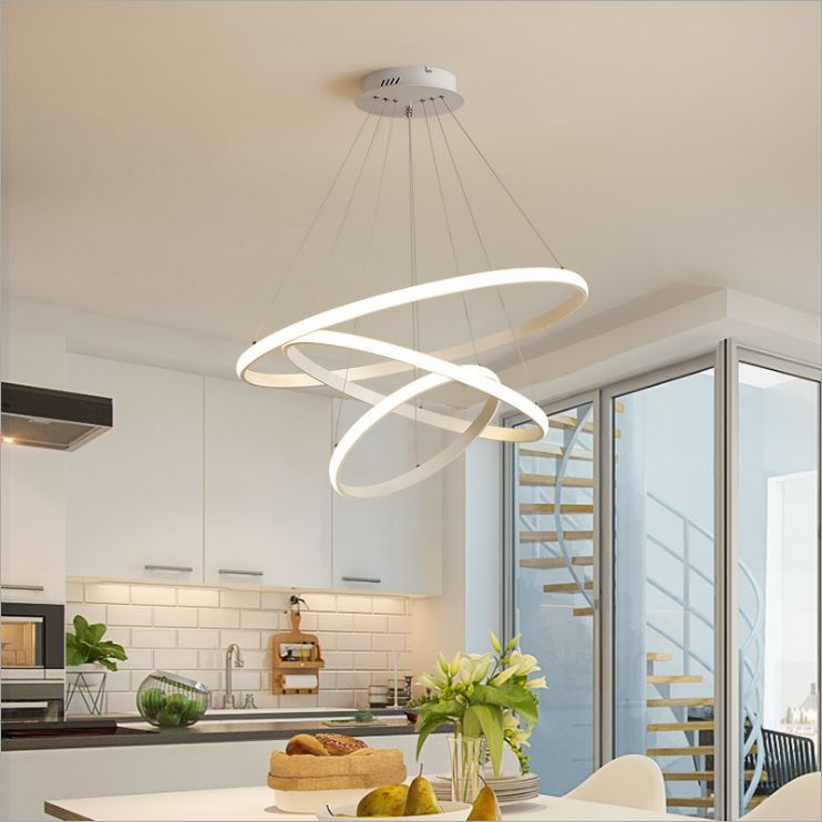 Đèn thả OLIWAN hình tròn 3 vòng viền trắng trang trí nội thất sang trọng, hiện đại - 3 chế độ ánh sáng - điều khiển từ xa.