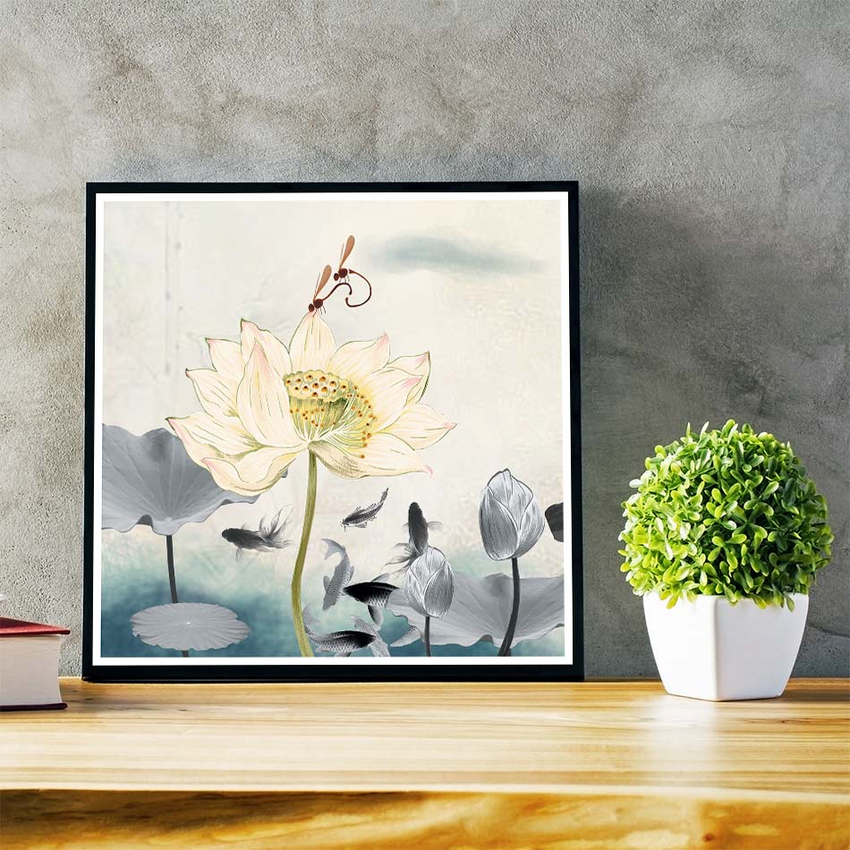 Bộ 3 tranh canvas hoa sen bút pháp thủy mặc HS3T01