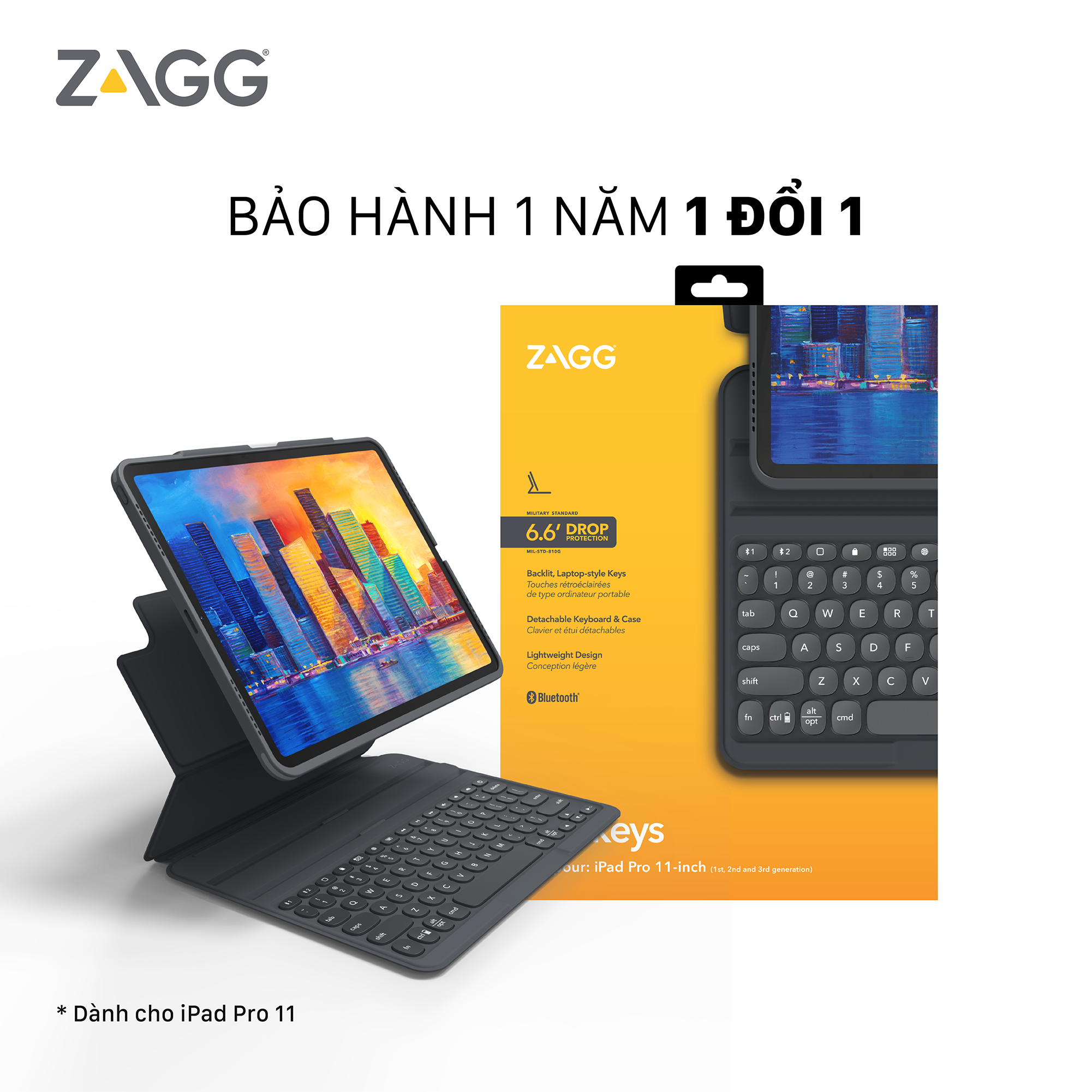 Ốp lưng kèm bàn phím ZAGG Pro Keys dành cho iPad Pro 11 inch - hàng chính hãng