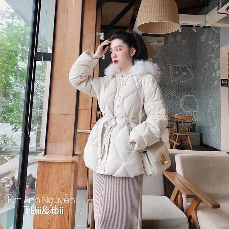 Áo khoác phao trám nữ mũ lông rút eo